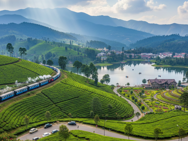 Ooty hill station scenic view with misty mountains and green valleys